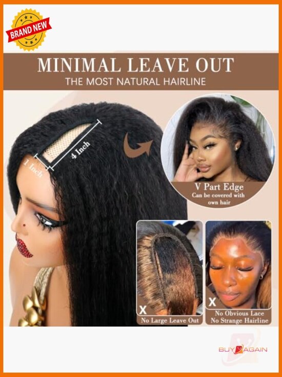 Kinky Straight V Part Wig Human Hair 28 Inch Glueless U Part Wig For Women With main image 5